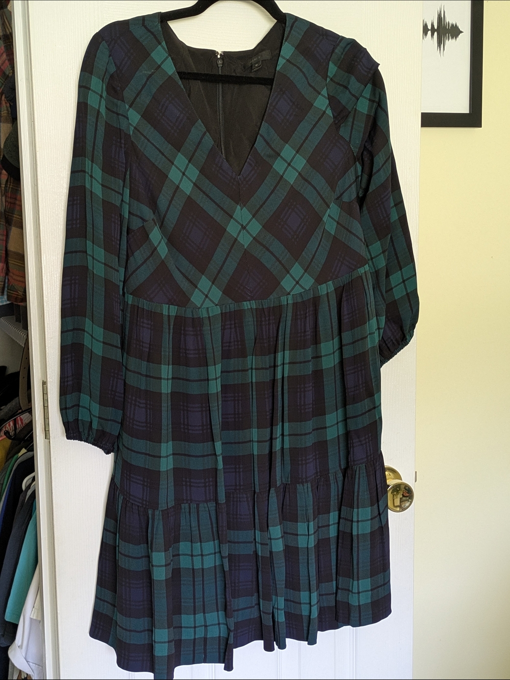 J. Crew Green and Black Plaid Long Sleeve Tiered Dress